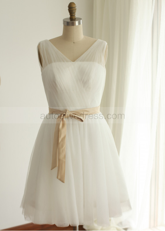 Deep V Pleats Tulle Short Wedding Dress
